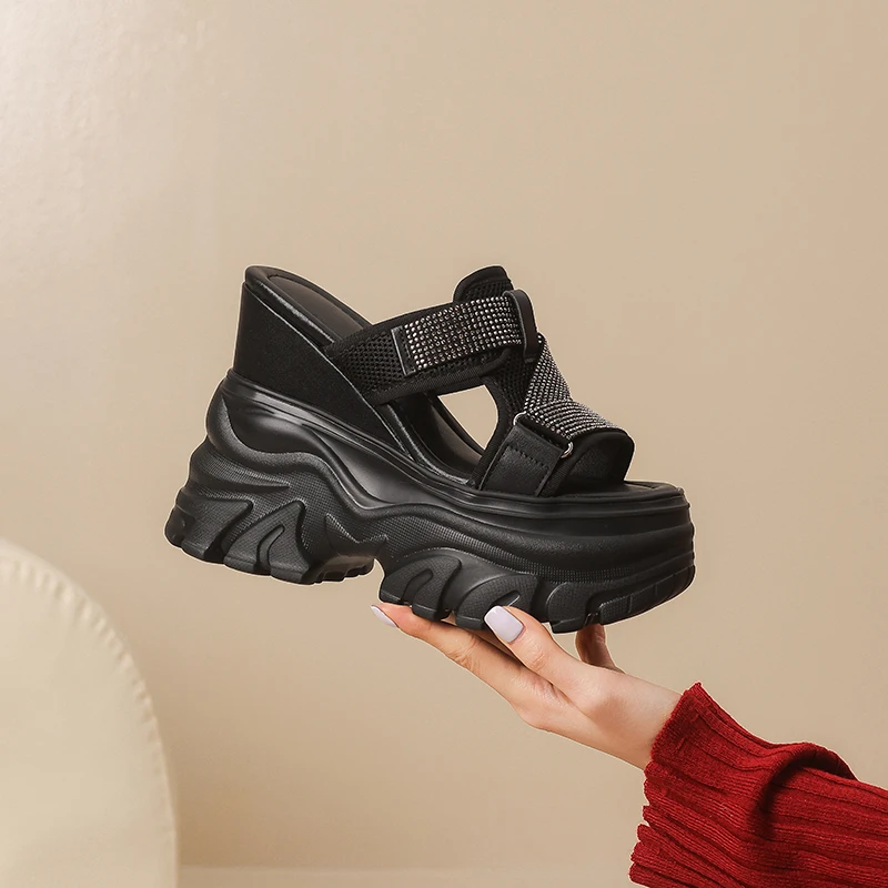 拖鞋女小个子外穿百搭夏季时尚百搭网纱厚底松糕高跟坡跟增高凉拖