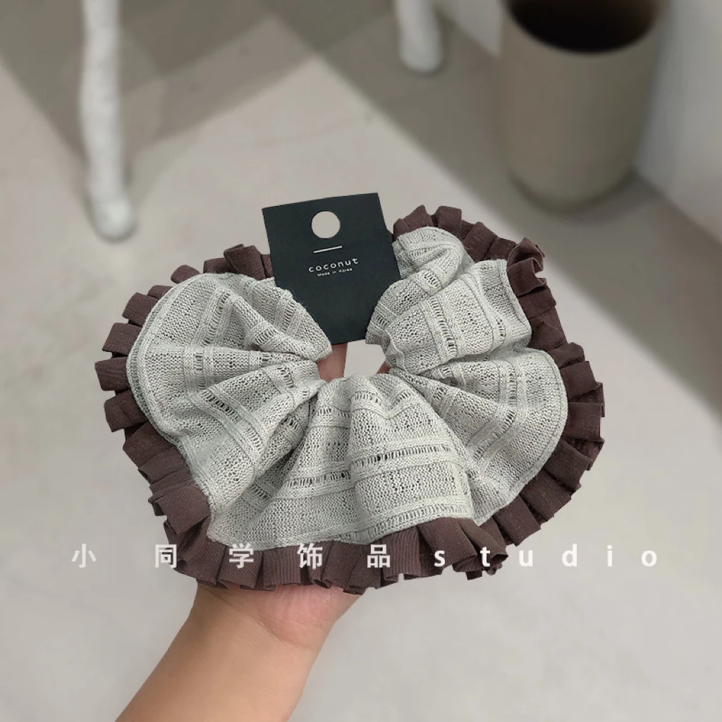 韩国发饰2025新款精致欧若风毛线针织咖啡色棉麻荷叶边发圈大肠圈