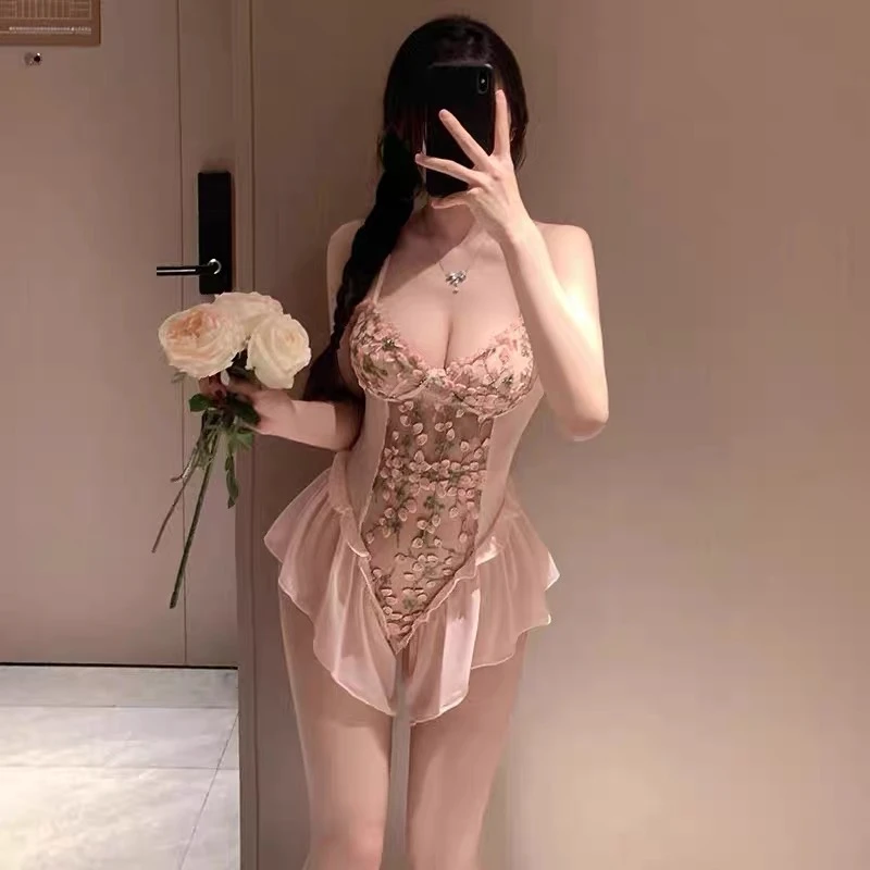 成人短款气质女拼接镂空美背无袖睡裙纯欲风小胸纯色显瘦睡裙