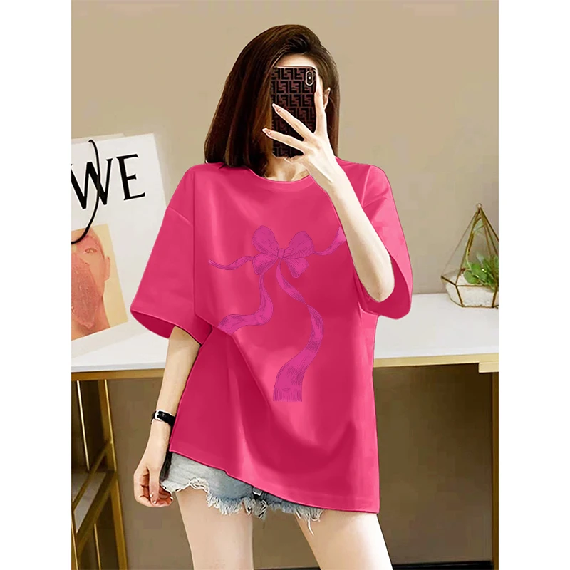 夏季百搭宽松显瘦小众设计感上衣独特漂亮粉色蝴蝶结印花T恤女ins
