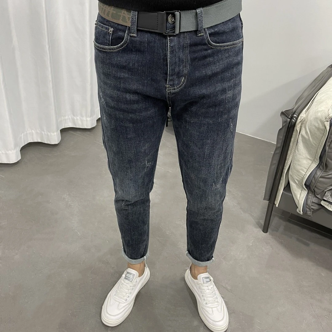 2025秋冬新款潮牌黑蓝微跨修身小脚九分牛仔裤男百搭弹力流行长裤