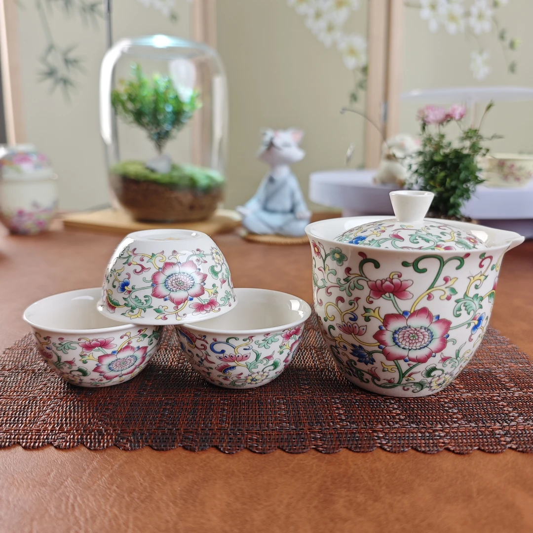 A074新款珐琅彩缠枝莲手抓盖碗三杯便携户外旅行露营居家快客杯