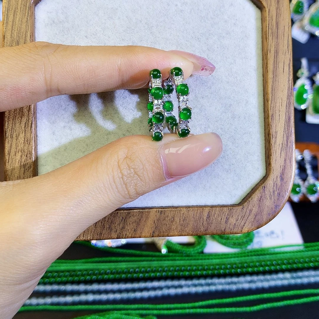 翡翠耳饰银S925镶嵌天然翡翠耳包