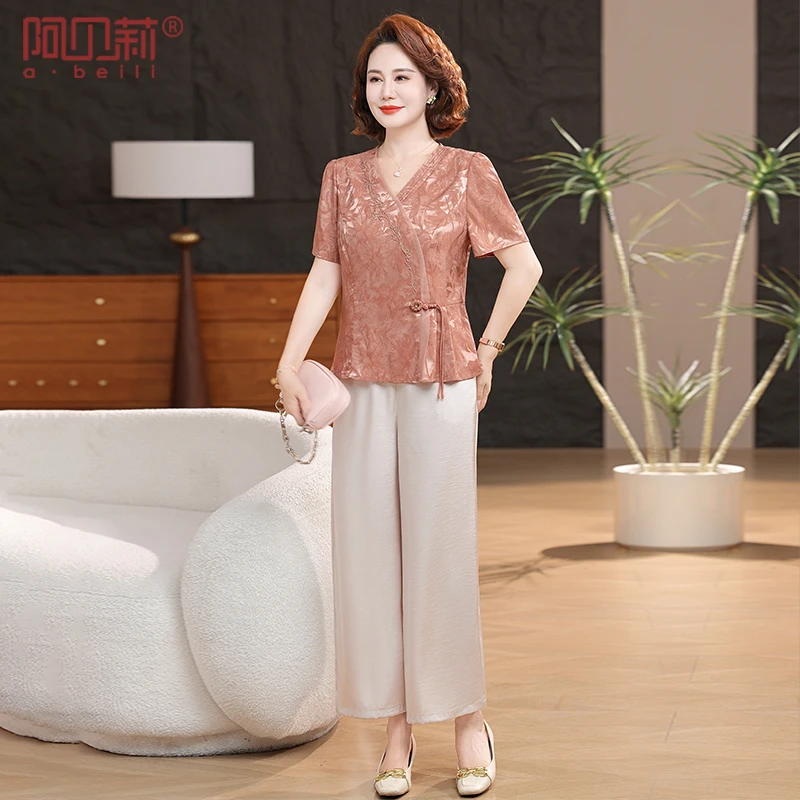 洋气妈妈夏装印花套装新款贵夫人新中式上衣中老年女装薄款两件套