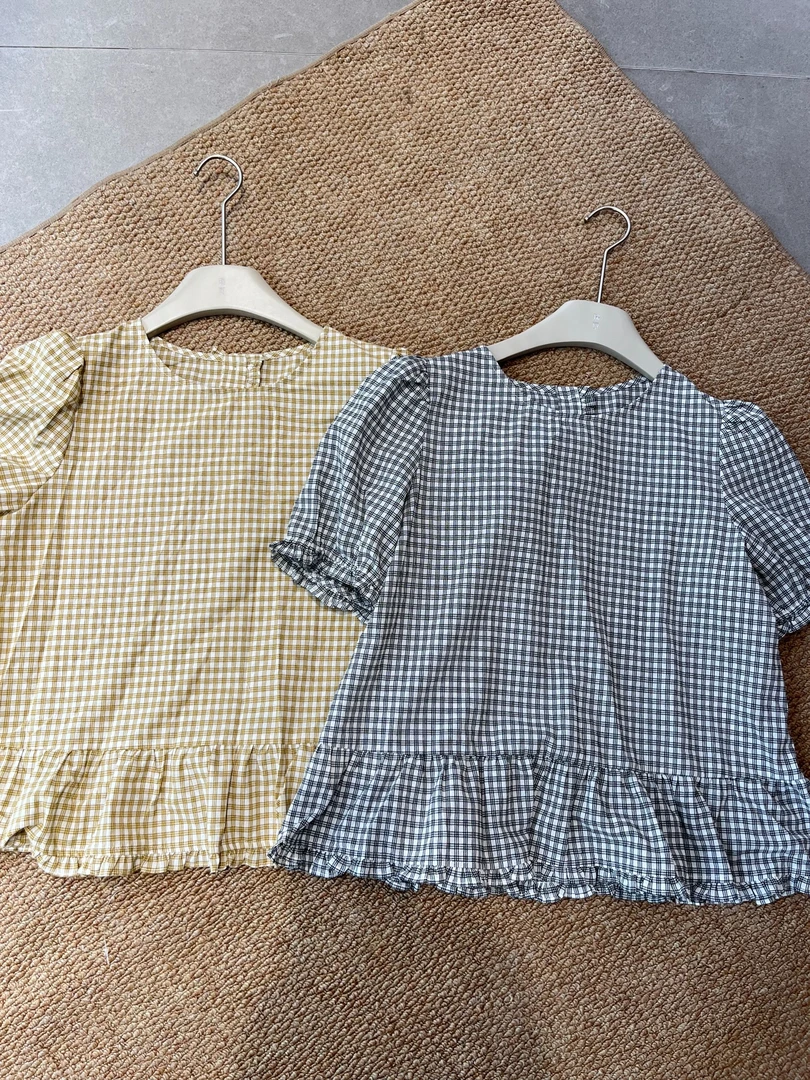 夏季韩系圆领时尚休闲格纹娃娃衫衬衫小衫【水中月】