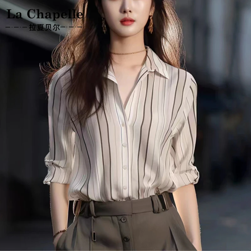 拉夏贝尔2025秋季独特漂亮法式气质轻熟雪纺上衣高级感海妖风通勤
