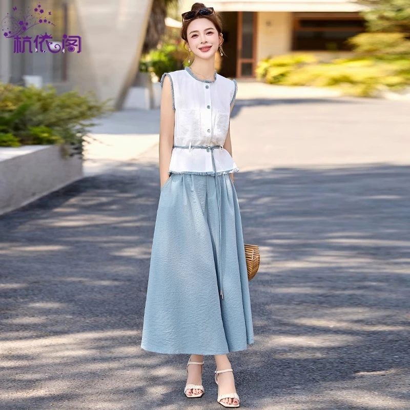 无袖上衣阔腿裙裤两件套女夏2025新款小个子时尚休闲洋气减龄套装