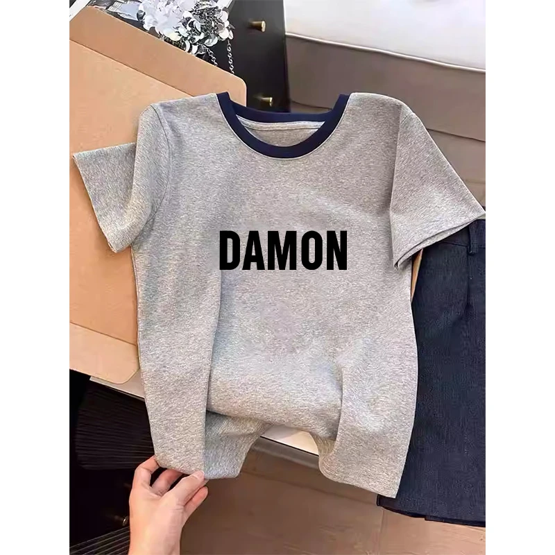 小众不撞款正肩拼色纯棉短袖t恤女装2025夏季流行款时尚百搭上衣