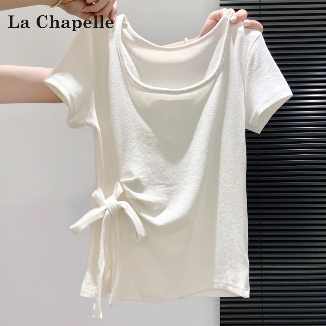 拉夏贝尔白色正肩方领短袖t恤女2025夏季新款不规则褶皱系带上衣
