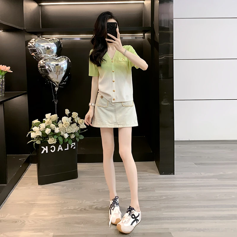 小香风2025夏季新款渐变色v领针织短袖上衣牛仔短裙时尚两件套女