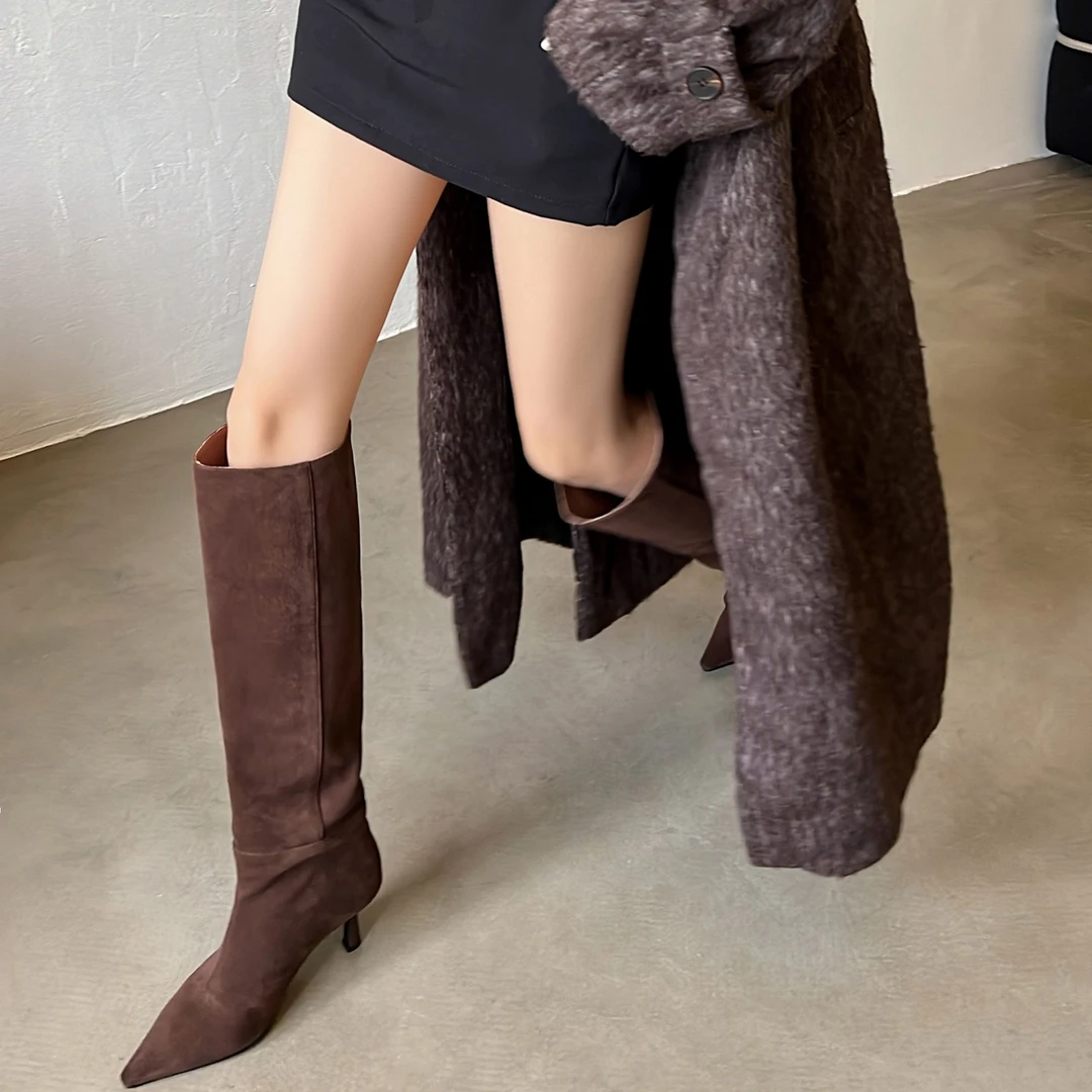手工磨砂气质辣妹两穿极简百搭时尚尖头细跟堆堆靴