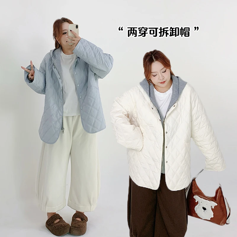 Milu家大码女装冬季菱格可拆卸帽轻薄保暖棉服外套胖mm宽松显瘦潮
