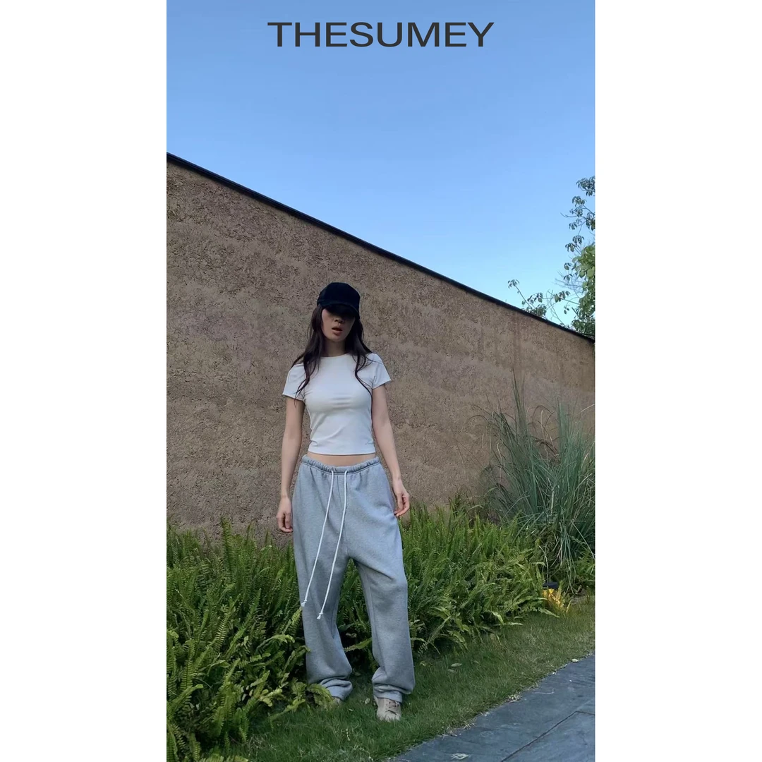 THESUMEY松紧腰百搭休闲卫裤女2025春秋新款显瘦宽松直筒阔腿长裤