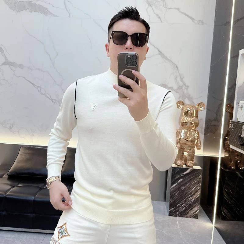 2025秋冬新款男士潮流欧货休闲字母徽章时尚个性线条设计长袖毛衣