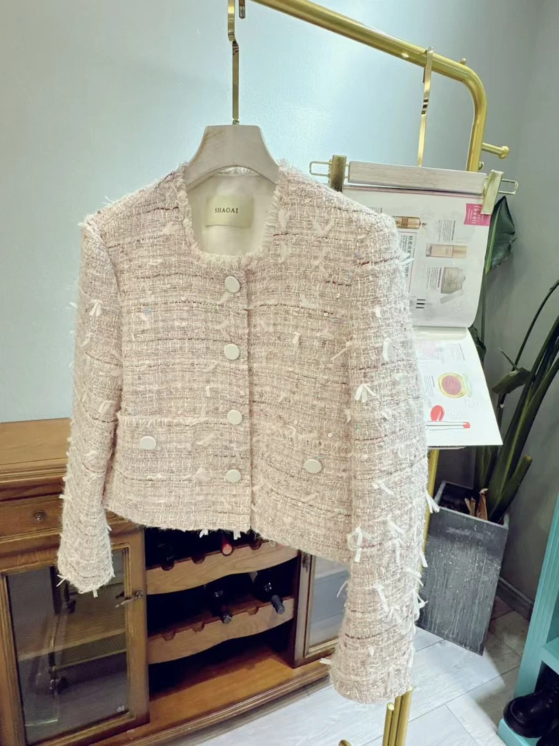 2025春季新款小香风外套女高级感气质名媛粗花编织短款上衣