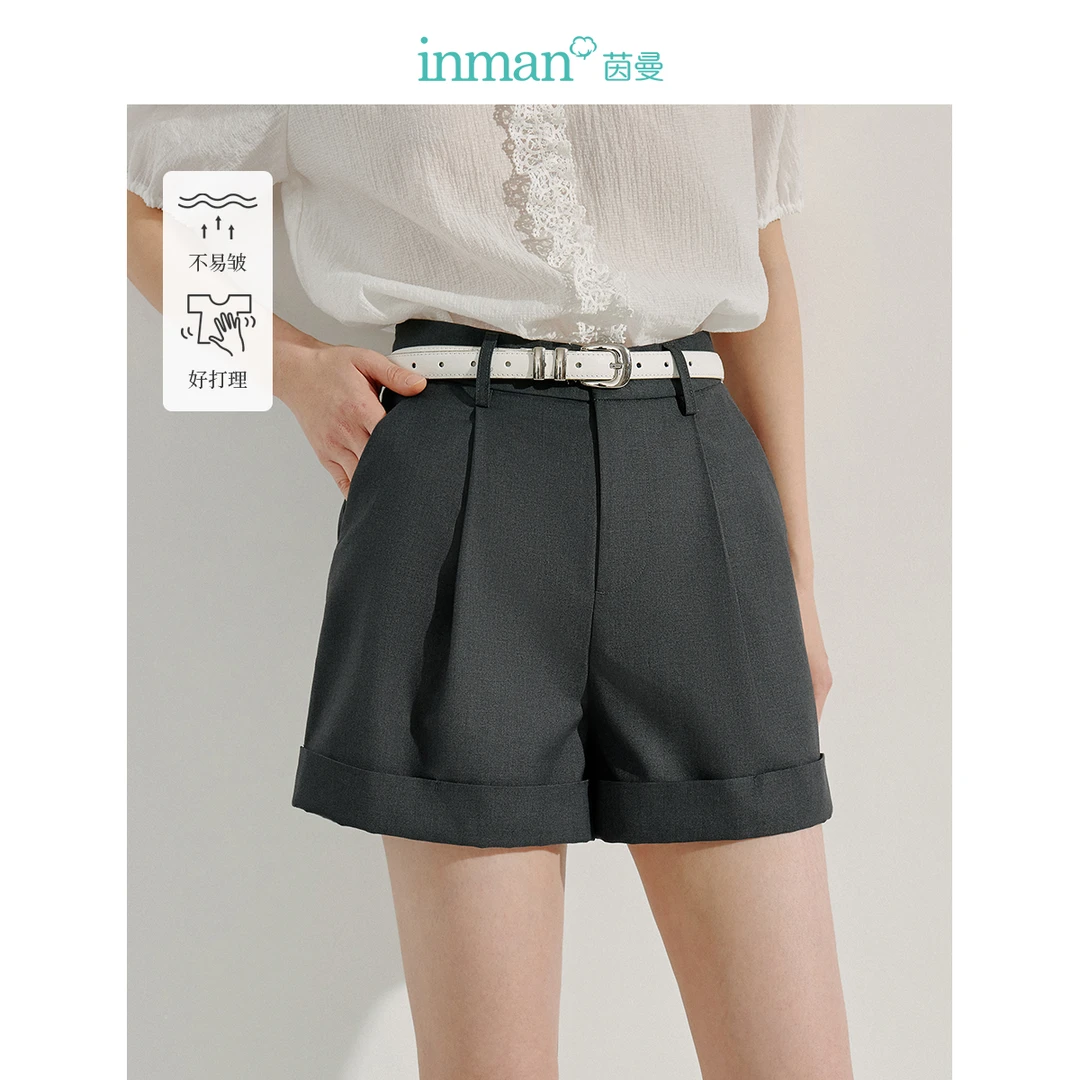 茵曼通勤灰色西装短裤女2025年夏季新款休闲卷边显瘦a字直筒裤子
