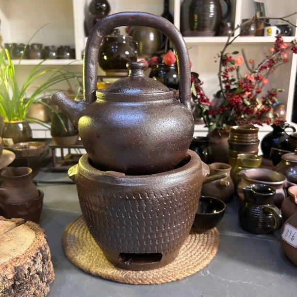 纯手工土陶围炉煮茶套装整套茶具小炭炉子加粗陶提梁壶老式煮茶炉