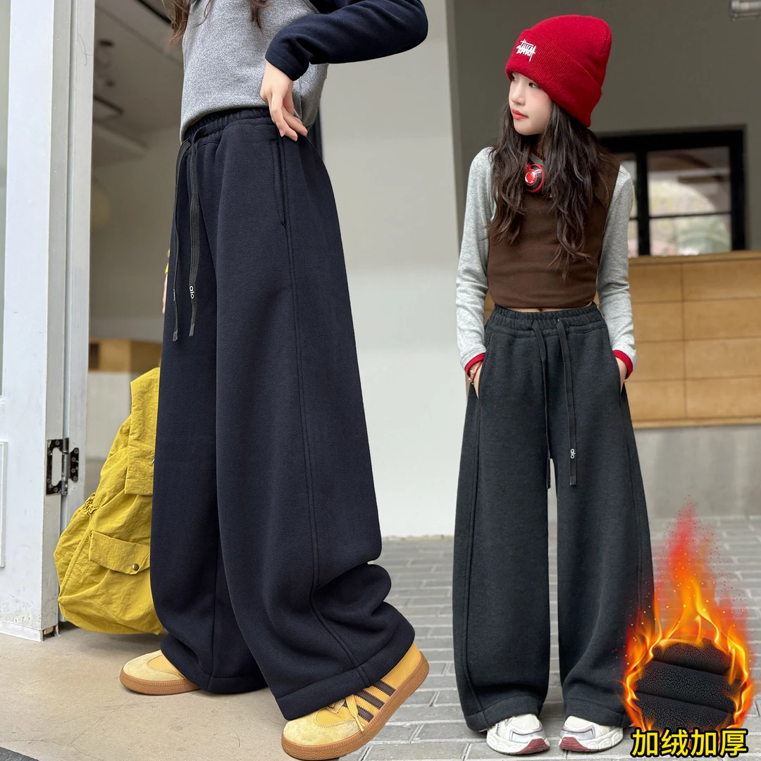 女童加绒弯刀裤秋冬新款洋气儿童一体绒休闲裤子中大童加厚阔腿裤