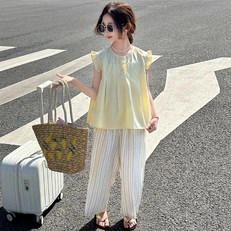 2025新款女大童夏季无袖套装韩系时髦女孩飞袖上衣休闲裤两件套潮