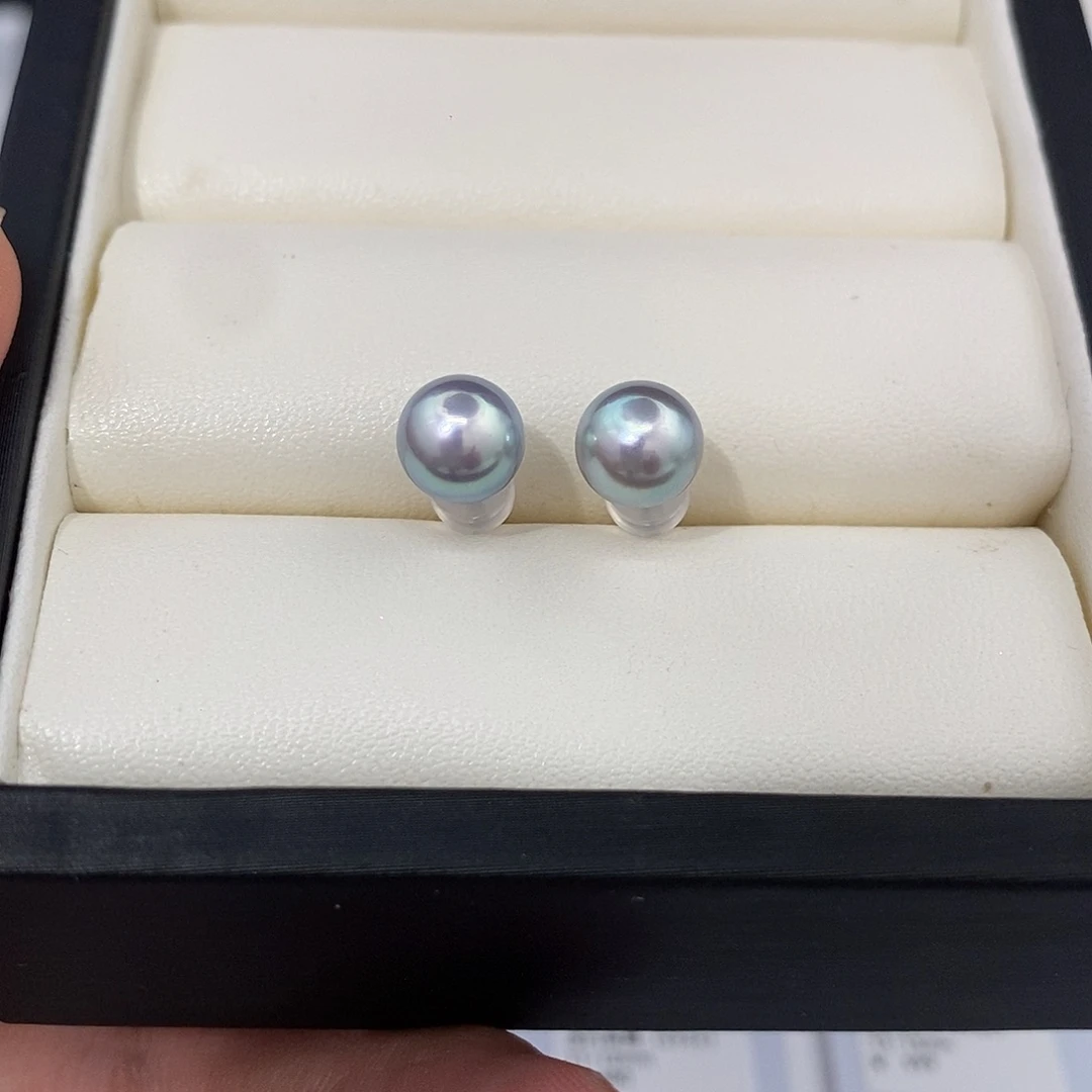 18K金镶嵌海水珍珠耳饰8-8.5真多麻对珠