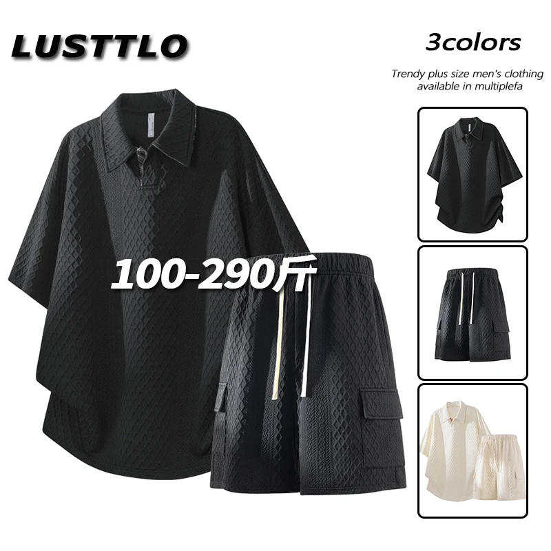 夏季男士套装潮流帅气POLO衫短裤提花两件套时尚百搭大码宽松显瘦