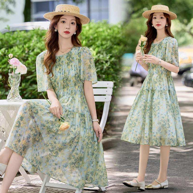 夏季法式碎花洋气碎花2025收腰连衣裙韩版女装日系新中式印花气质