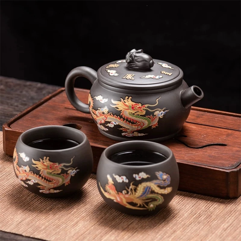 ZH2858原矿紫砂大号茶壶遇热变色龙凤手工功夫茶具凤鸣一壶两茶杯