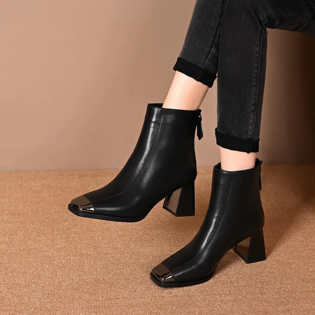 英伦风金属方头后拉链粗跟瘦瘦靴女2025新款显瘦高跟炸街短靴8789