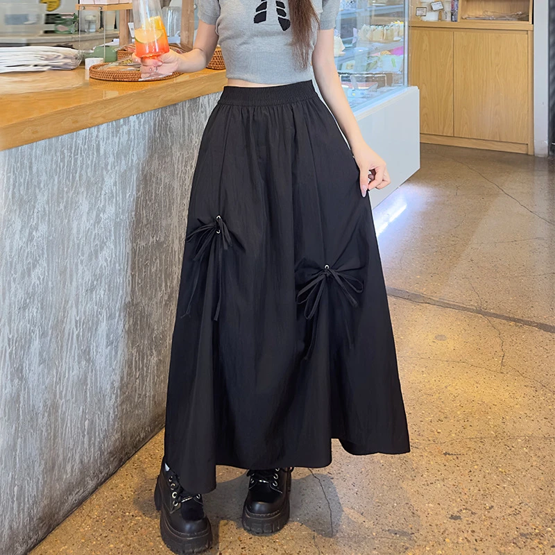 蝴蝶结拼接连衣裙女新款高腰宽松垂坠感大摆长裙中长款半身裙裙子