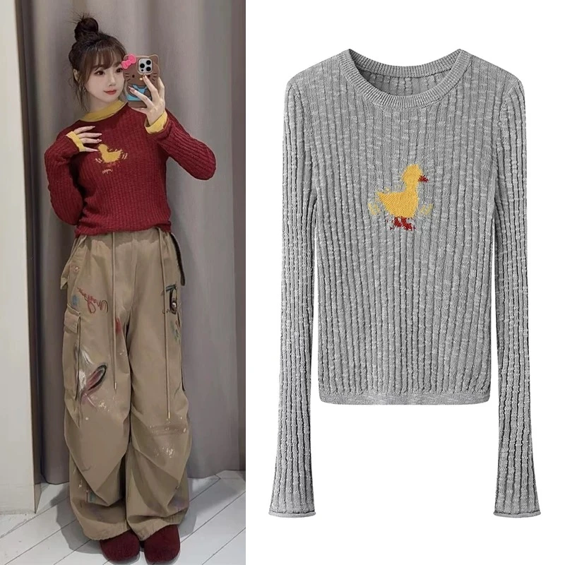 1206趣味卡通圆领套头毛衣女2025春季显瘦内搭针织打底衫上衣服