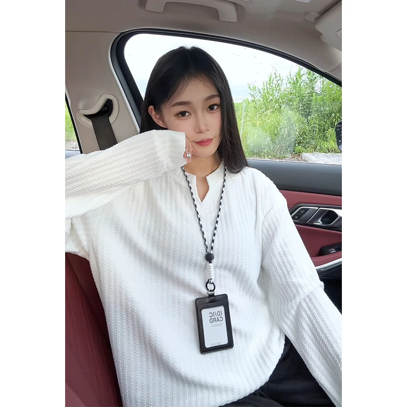 早秋白色肌理感卫衣小V领长袖T恤男女美式慵懒风高级感内搭打底衫