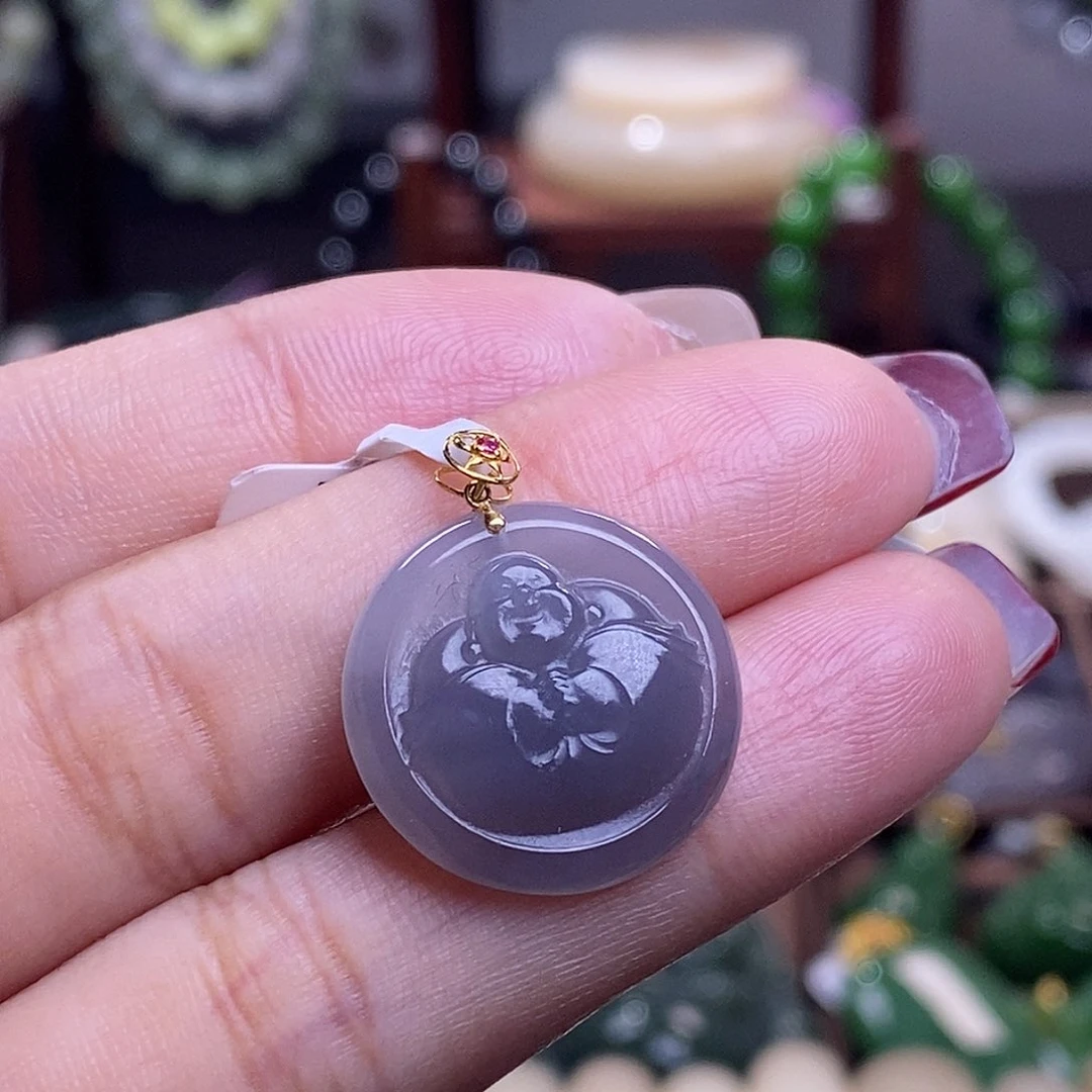 和田玉清货价冰烟紫金镶抱抱佛未镶嵌