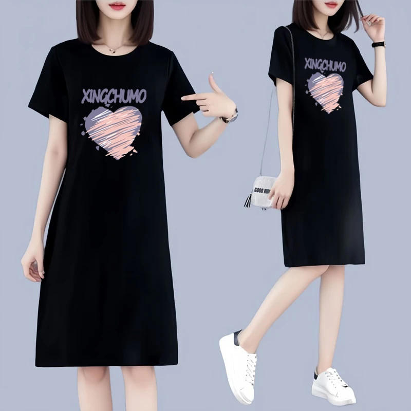 简约新款夏季睡裙女韩版宽松睡衣女短袖长款过膝长裙可外穿家居服