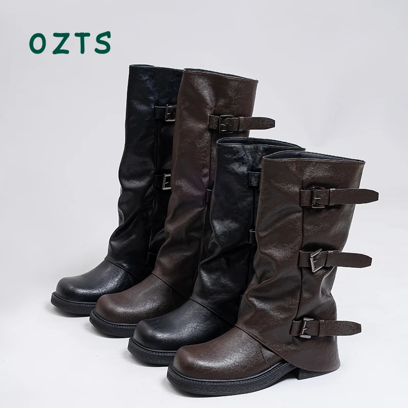 OZTS厚底高筒长靴女2025秋季新款增高西部牛仔堆堆靴中筒骑士靴