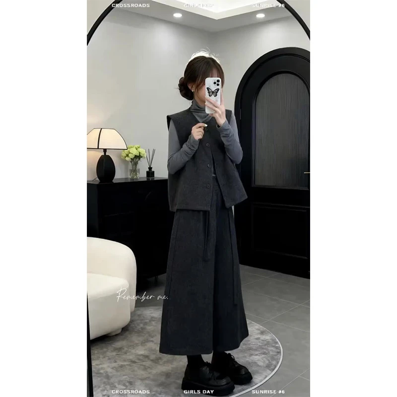 2025秋冬季复古穿搭一整套单排扣马甲打底衫百搭纯色阔腿裤三件套