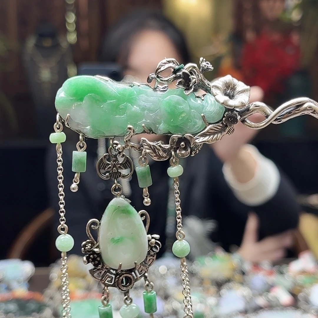 翡翠银S925镶嵌发簪发簪
