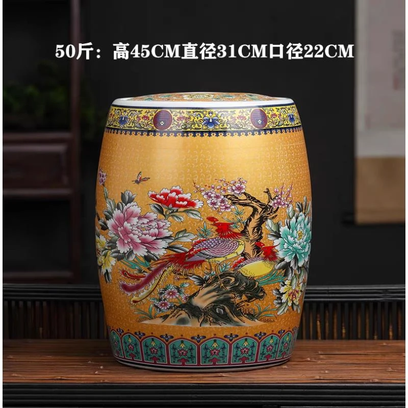 高42cm肚径31cm金地珐琅彩凤凰50斤装大米缸237