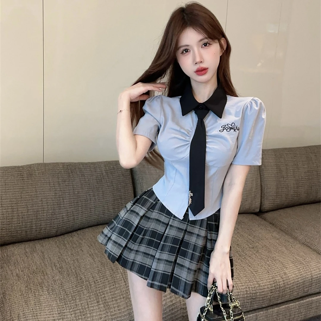 学院风辣妹jk套装女夏季小个子短袖上衣高腰格子百褶裙制服两件套