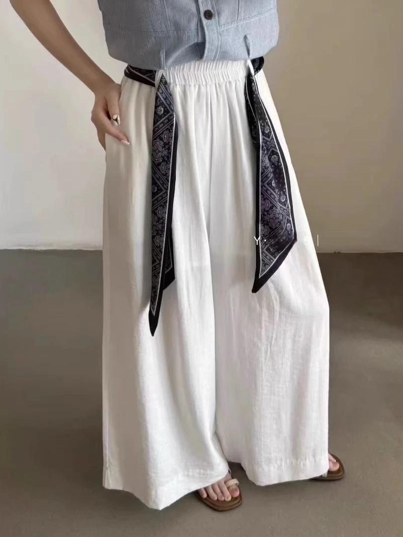 棉麻材质配丝巾腰带高腰显瘦夏季度假风阔腿长裤