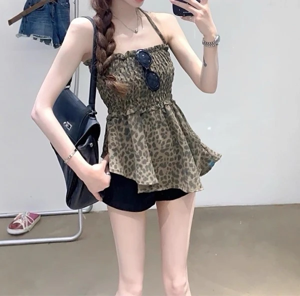 大码女装3136辣妹豹纹挂脖吊带韩系御姐时尚气质修身显瘦不规则