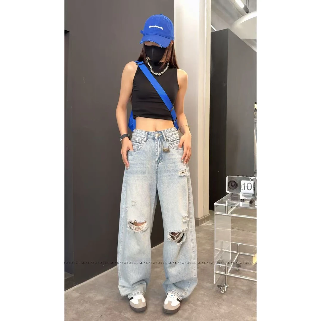 EZ8577 夏季新款个性腰头字母设计显瘦破洞水洗美式老爹堆堆裤