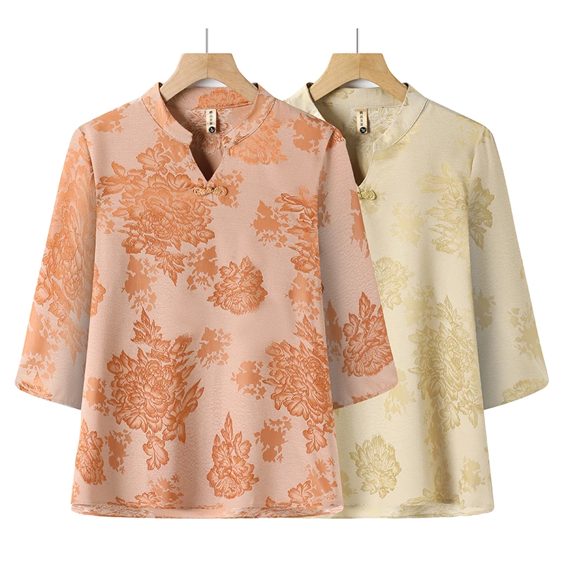 2025新款中老年女夏装雪纺衬衫新中式短袖T恤今年流行的妈妈小衫