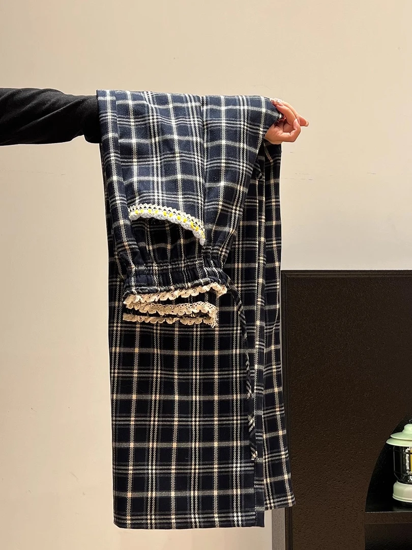 秋冬新款美式设计慵懒撞色格子宽松阔腿裤女直筒休闲运动拖地卫裤