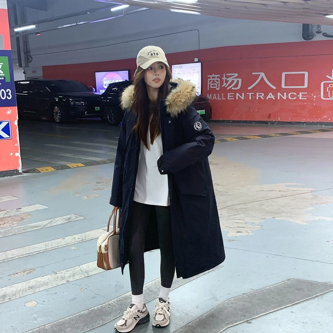 Y106区935藏蓝色时尚长袖潮流女长款连帽棉服