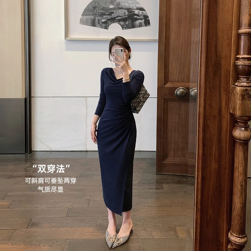 林关关【柔韵裙】捏褶修身开叉气质荡领连衣裙早秋显瘦包臀长裙女