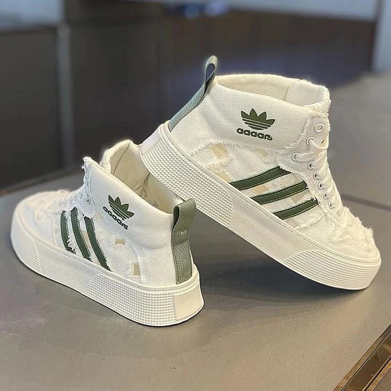 秋季高帮鞋透气时尚潮流破洞小白鞋厚底增高休闲板开车男鞋