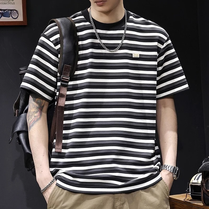 夏季2025新款大码条纹短袖t恤男士高端轻奢衣服潮牌男款百搭体恤