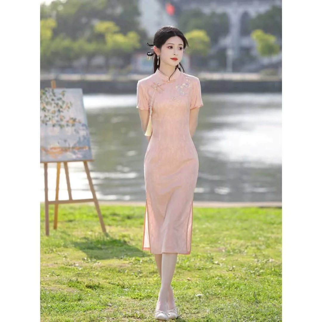 【C52】粉色少女改良旗袍2025夏季高端改良刺绣新中式长裙