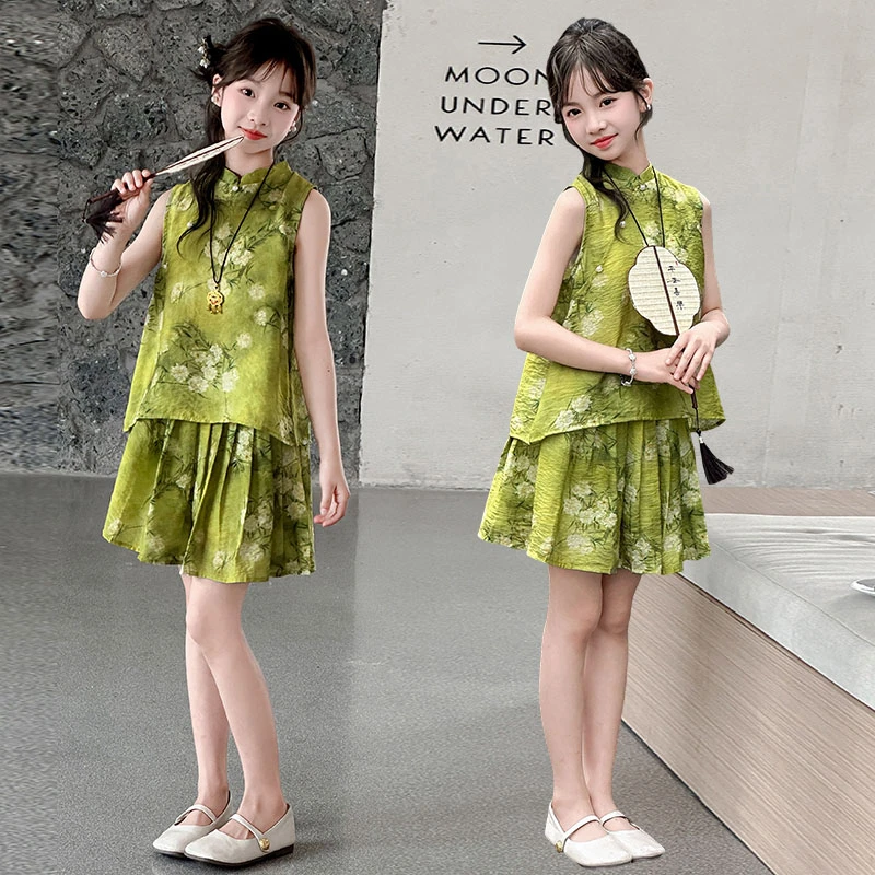 女童套装夏装3-15岁新中式无袖上衣国风碎花百褶裙儿童装两件套夏