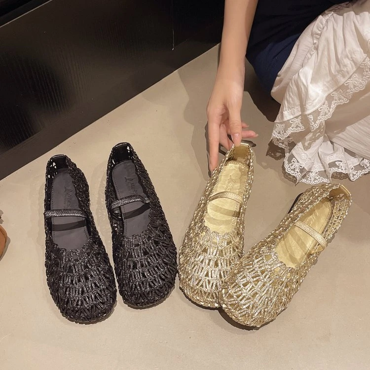 2025新款渔网复古编织镂空一字带玛丽珍鞋女气质圆头平底浅口单鞋